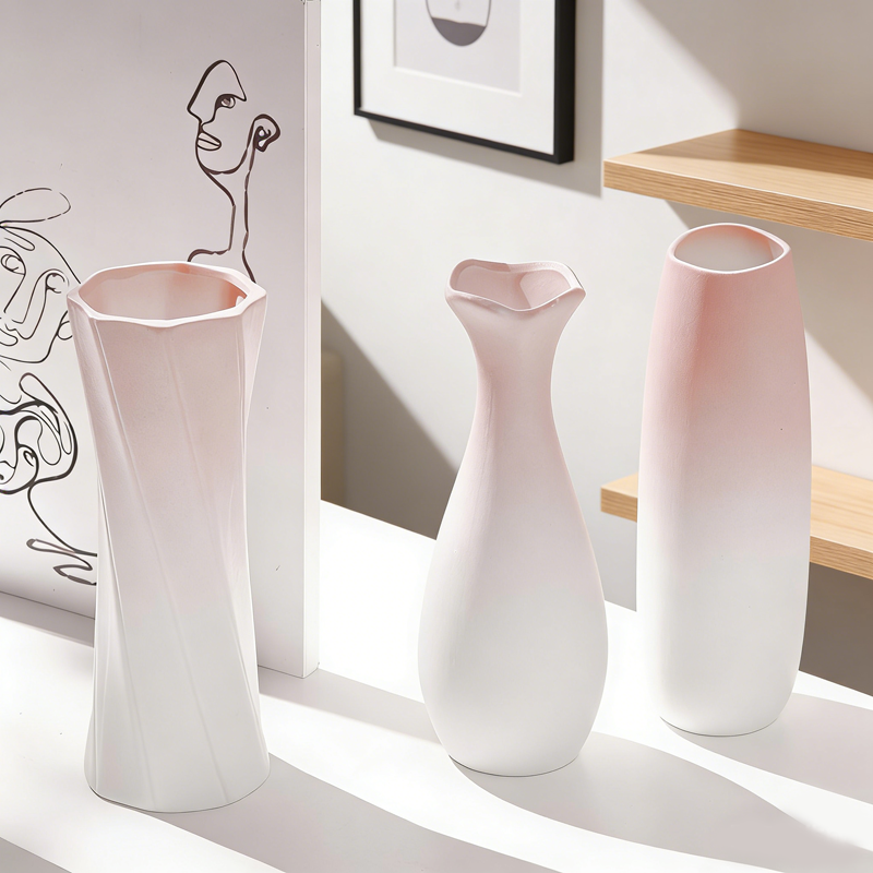 Creative Pink Gradient Ceramic Vase – Modern Decorative Flower Arrangement for Dried Flowers, Tabletop, Study Room & Living Room Decoration