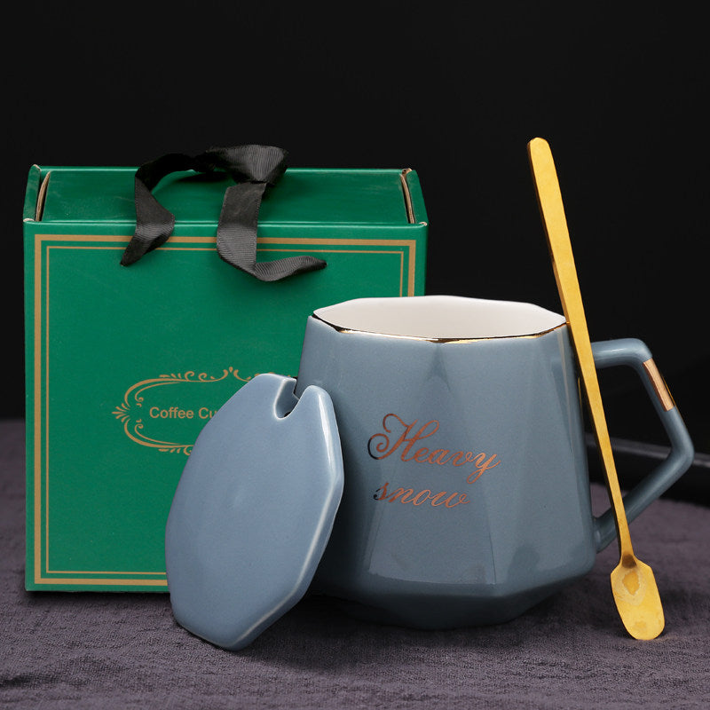 Premium Ceramic Mug with Lid and Spoon - Customizable Coffee Cup, Tea Cup, or Water Tumbler for Men and Women, Perfect for Couples, Personalized with Logo