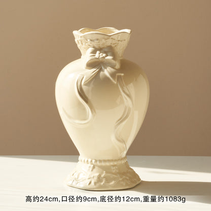 French Style Cream Ceramic Vase - Elegant Relief Decorative Vase for Living Room, Table & Office (For Hydroponics, Fresh Flowers & Dried Flowers)