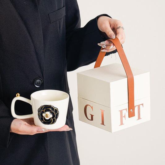 Vintage Gold-Trimmed Camellia Relief Ceramic Mug - Elegant Coffee Cup for Women, Home & Office