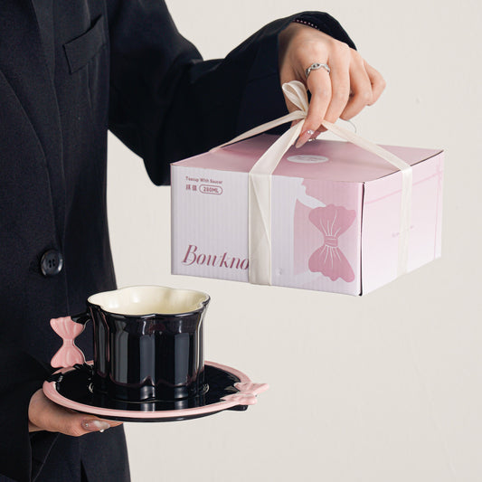 Elegant Bowknot Coffee Cup and Saucer Set - Premium Porcelain Tea Latte Glasses, Gift for Women