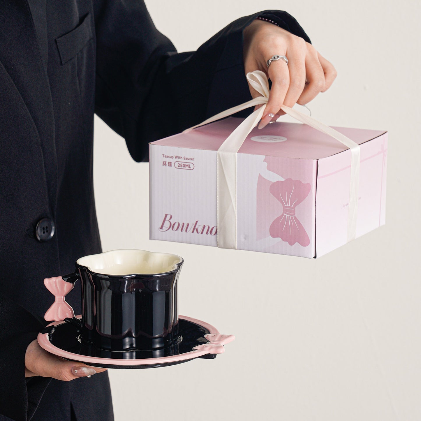 Elegant Bowknot Coffee Cup and Saucer Set - Premium Porcelain Tea Latte Glasses, Gift for Women