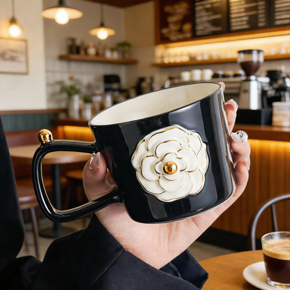 Vintage Gold-Trimmed Camellia Relief Ceramic Mug - Elegant Coffee Cup for Women, Home & Office
