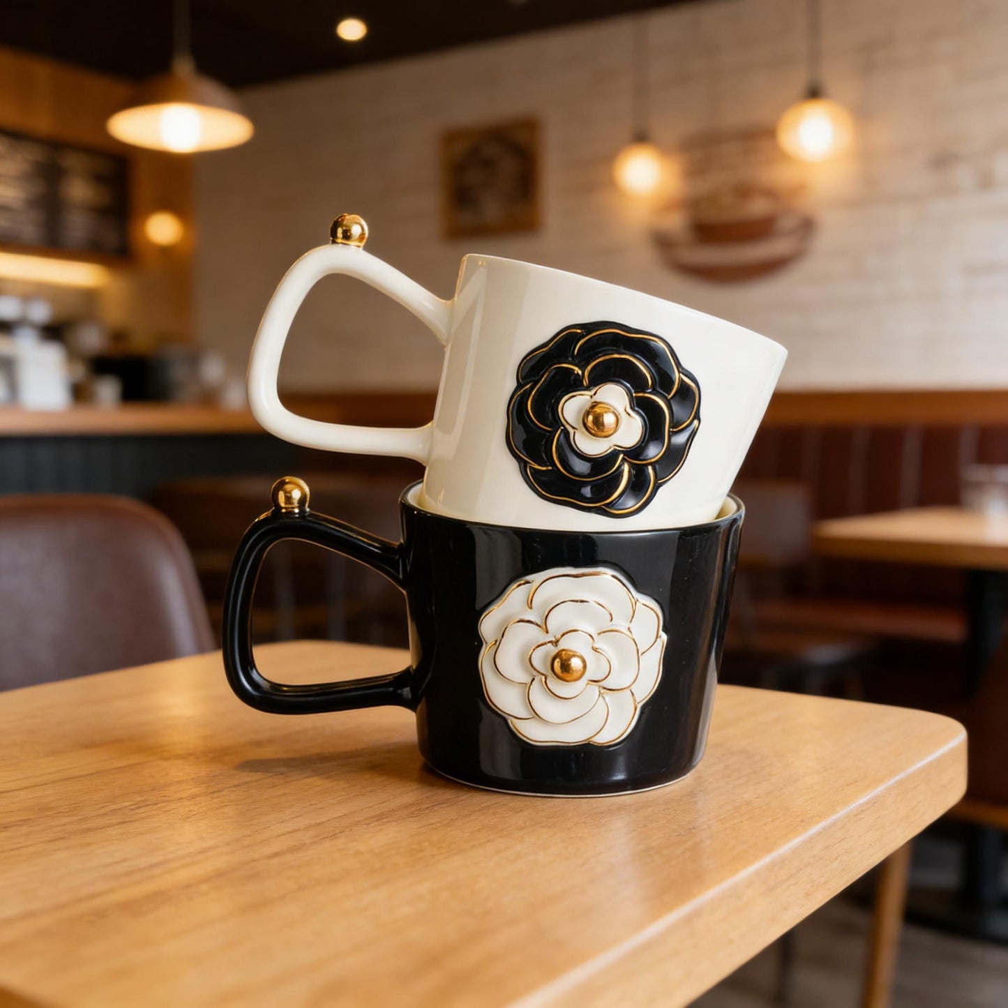 Vintage Gold-Trimmed Camellia Relief Ceramic Mug - Elegant Coffee Cup for Women, Home & Office