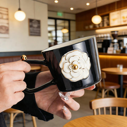 Vintage Gold-Trimmed Camellia Relief Ceramic Mug - Elegant Coffee Cup for Women, Home & Office