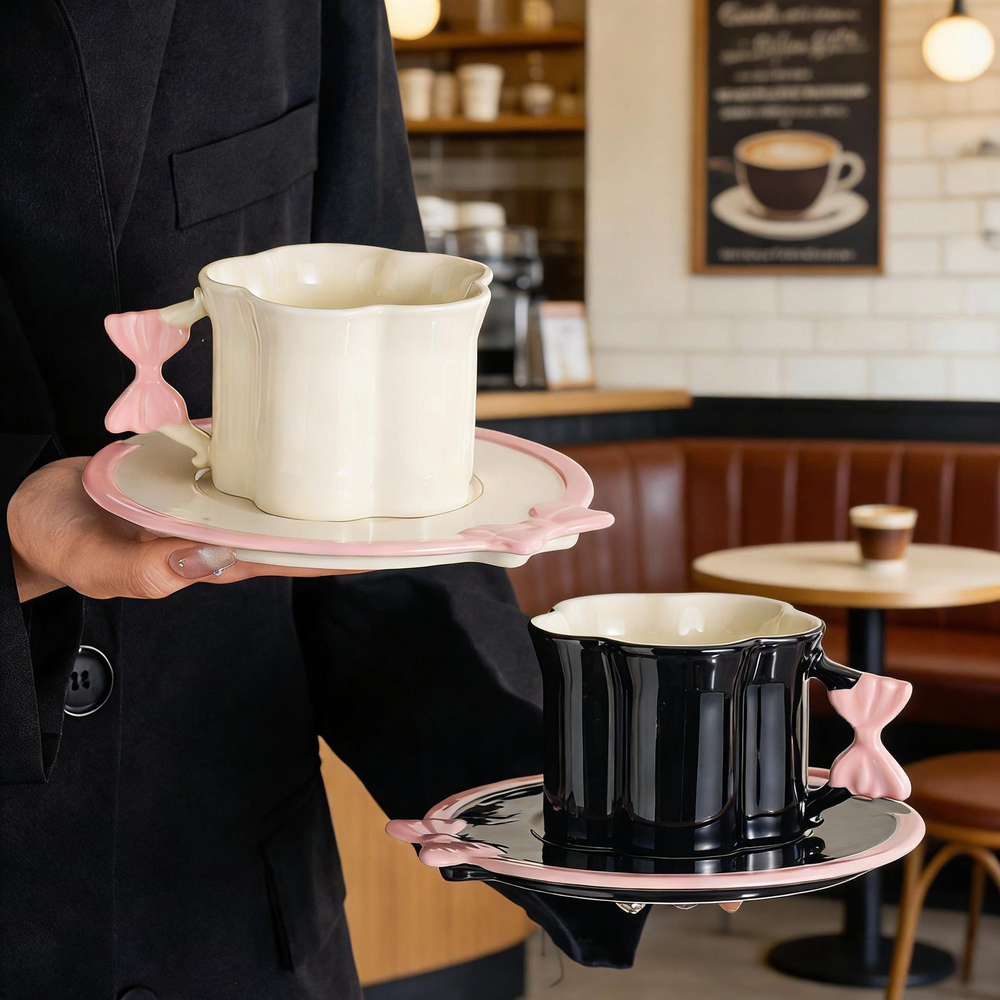 Elegant Bowknot Coffee Cup and Saucer Set - Premium Porcelain Tea Latte Glasses, Gift for Women