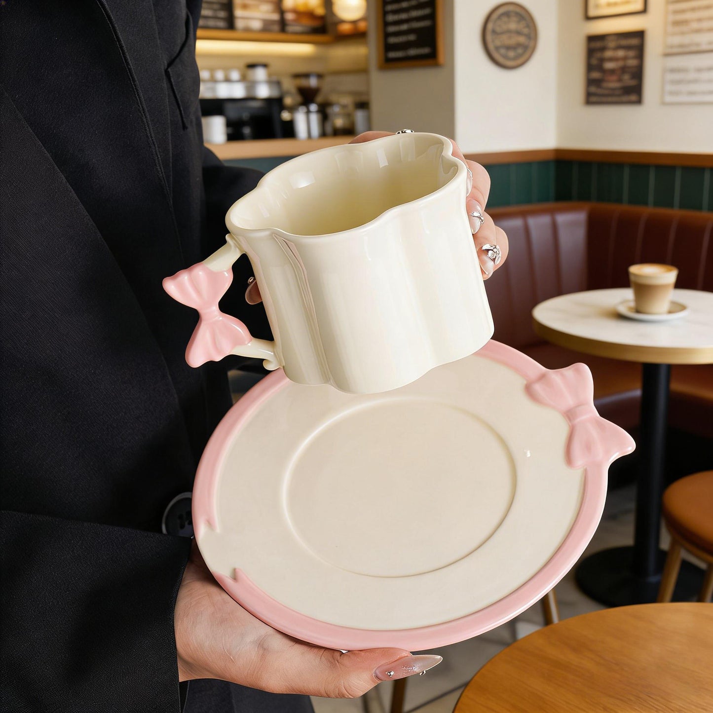 Elegant Bowknot Coffee Cup and Saucer Set - Premium Porcelain Tea Latte Glasses, Gift for Women
