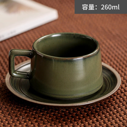 Japanese Retro Coffee Cup Set - Creative Coarse Pottery with Latte Art, High-End Iron Handle Mug for Home Use