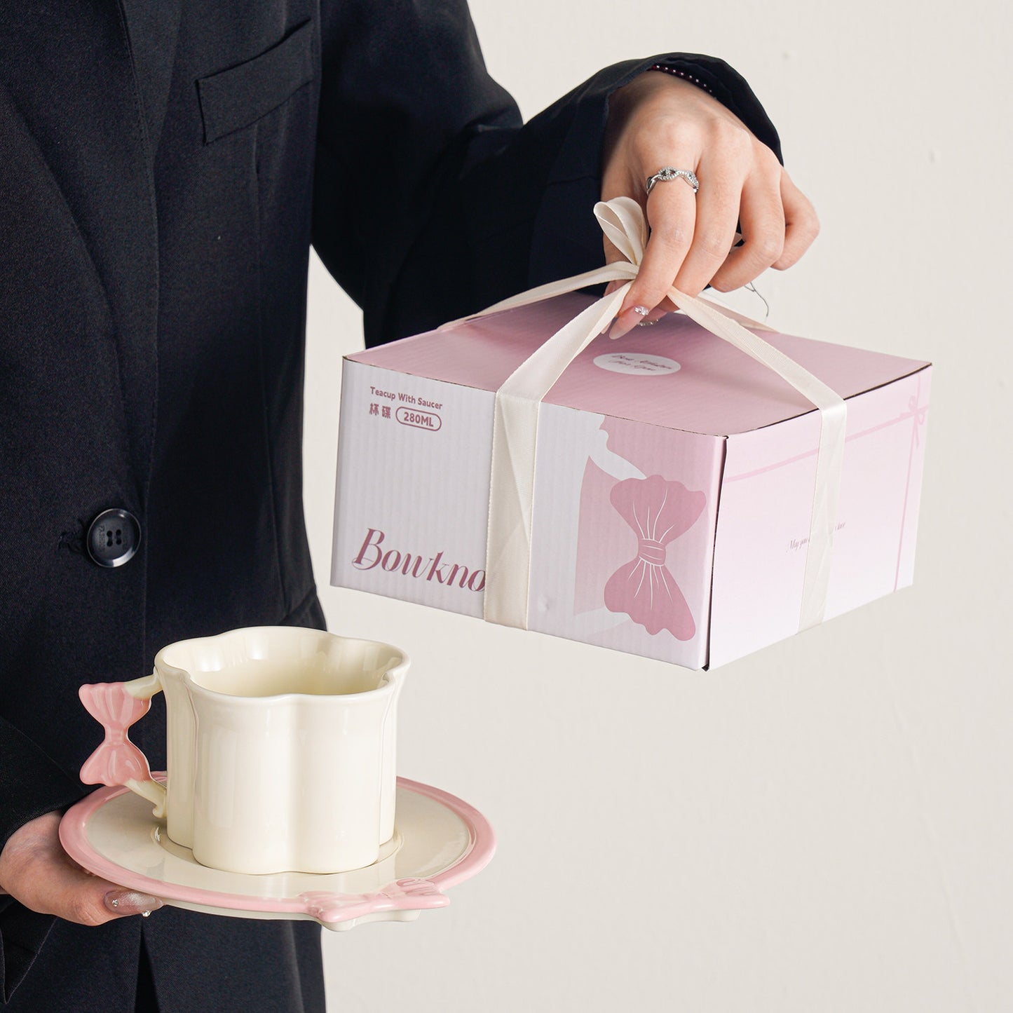 Elegant Bowknot Coffee Cup and Saucer Set - Premium Porcelain Tea Latte Glasses, Gift for Women