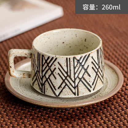 Japanese Retro Coffee Cup Set - Creative Coarse Pottery with Latte Art, High-End Iron Handle Mug for Home Use