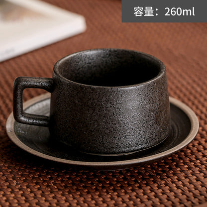 Japanese Retro Coffee Cup Set - Creative Coarse Pottery with Latte Art, High-End Iron Handle Mug for Home Use