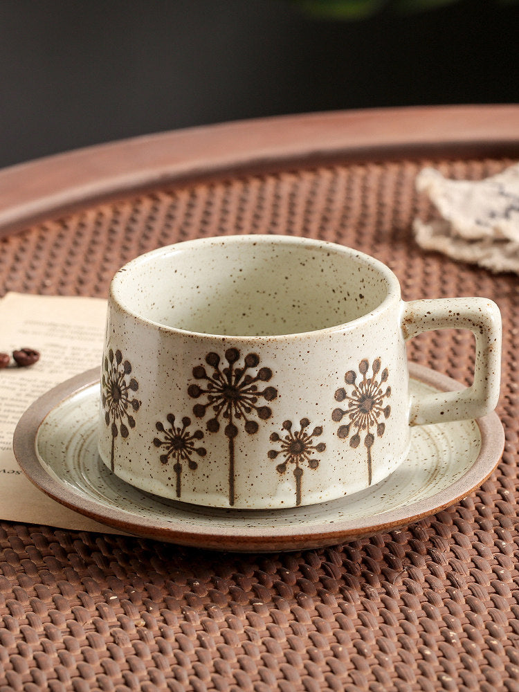 Japanese Retro Coffee Cup Set - Creative Coarse Pottery with Latte Art, High-End Iron Handle Mug for Home Use