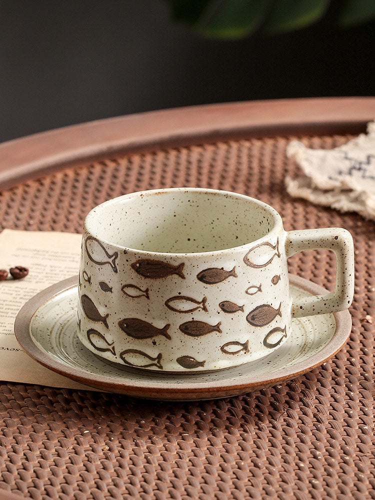 Japanese Retro Coffee Cup Set - Creative Coarse Pottery with Latte Art, High-End Iron Handle Mug for Home Use