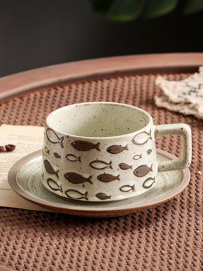 Japanese Retro Coffee Cup Set - Creative Coarse Pottery with Latte Art, High-End Iron Handle Mug for Home Use