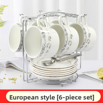 European Style Ceramic Coffee Cup Set - Minimalist 6-Piece Luxury Home Tea & Coffee Mug with Saucer and Spoon