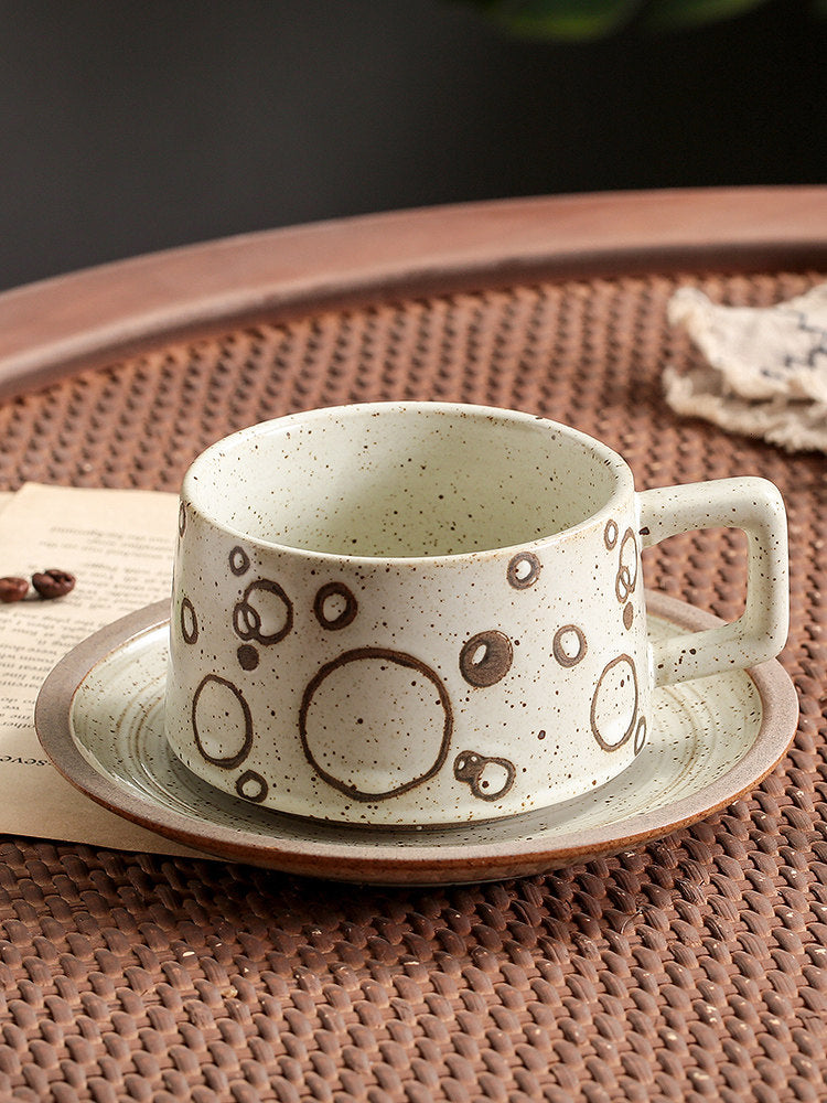 Japanese Retro Coffee Cup Set - Creative Coarse Pottery with Latte Art, High-End Iron Handle Mug for Home Use