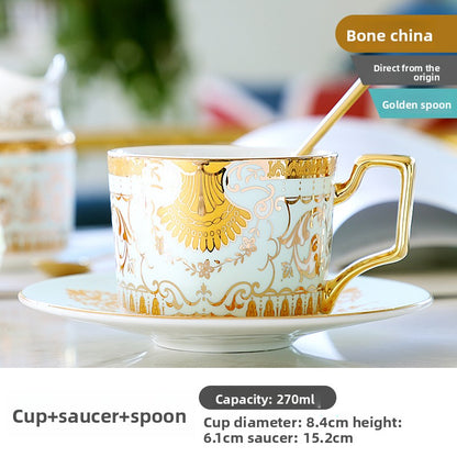 Luxury Bone China Coffee Cup and Saucer Set, Exquisite English Afternoon Tea Set, Ceramic Tea Set with Gloden Spoon