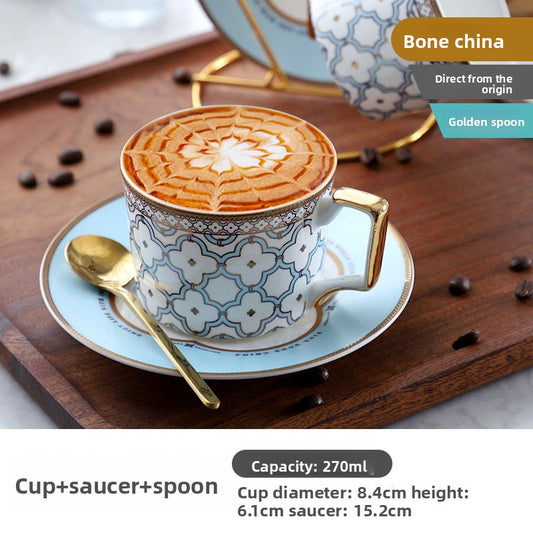 Luxury Bone China Coffee Cup and Saucer Set, Exquisite English Afternoon Tea Set, Ceramic Tea Set with Gloden Spoon