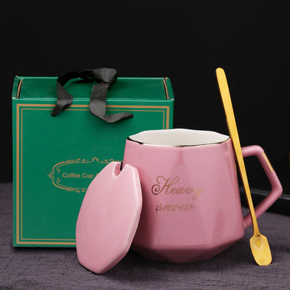 Premium Ceramic Mug with Lid and Spoon - Customizable Coffee Cup, Tea Cup, or Water Tumbler for Men and Women, Perfect for Couples, Personalized with Logo