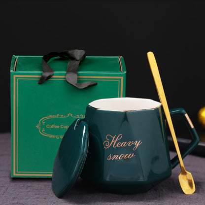 Premium Ceramic Mug with Lid and Spoon - Customizable Coffee Cup, Tea Cup, or Water Tumbler for Men and Women, Perfect for Couples, Personalized with Logo