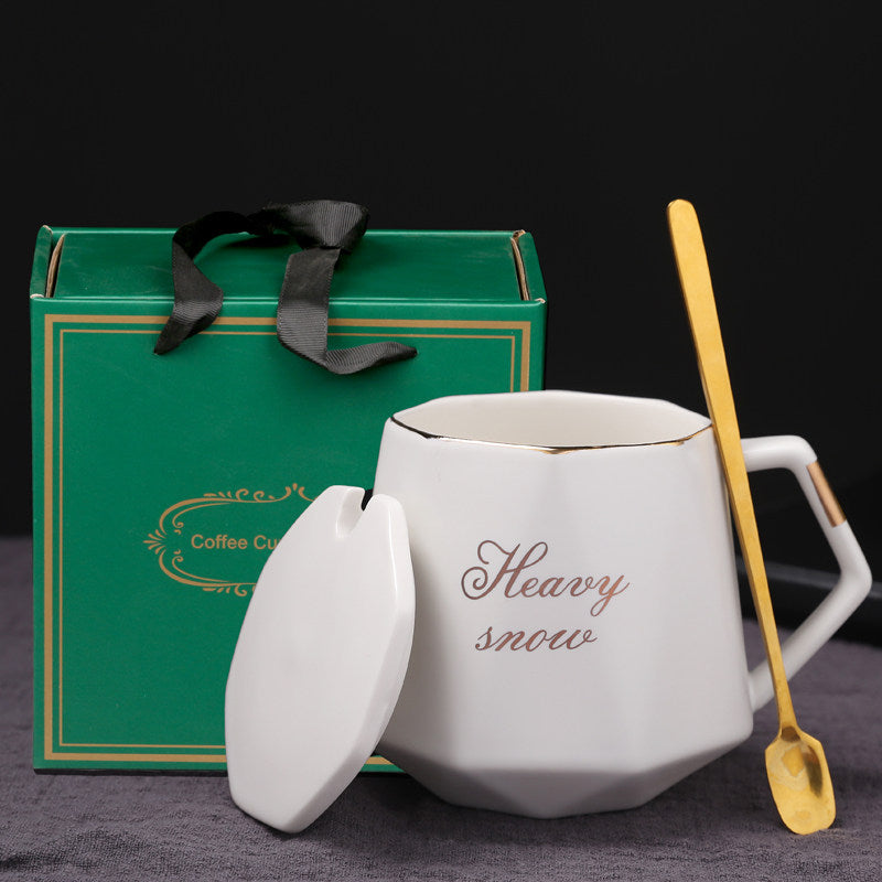 Premium Ceramic Mug with Lid and Spoon - Customizable Coffee Cup, Tea Cup, or Water Tumbler for Men and Women, Perfect for Couples, Personalized with Logo