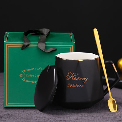 Premium Ceramic Mug with Lid and Spoon - Customizable Coffee Cup, Tea Cup, or Water Tumbler for Men and Women, Perfect for Couples, Personalized with Logo